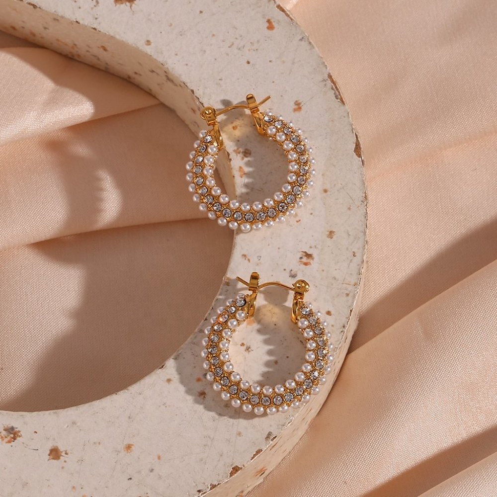 Zircon & Imitation Pearl Hoop Earrings 18K Gold Plated Stainless Steel - Picture 8 of 10